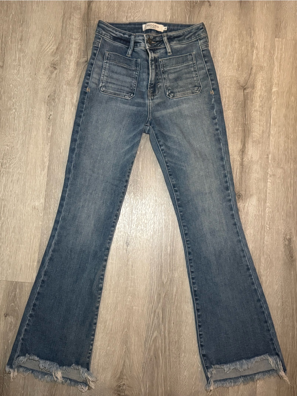 HIDDEN Jeans Happi Front Patch Pocket Flare Raw Hem Blue Denim Size 25
